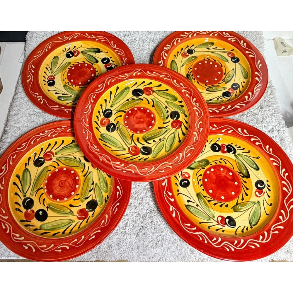 Pier 1 Imports Olive Dinner Plates Set of 5 Hand Painted Ceramic Spain Red Yello